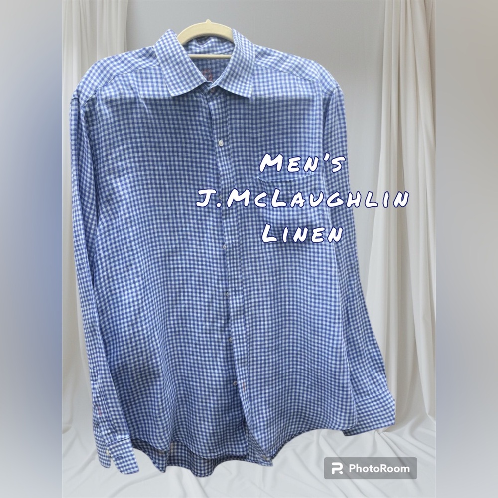 J.Mclaughlin Men’s Linen Button Down Shirt Size L Long Sleeve Blue Check $158